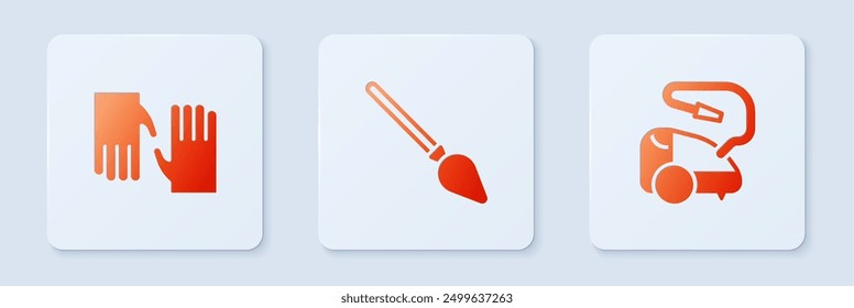 Set Handle broom, Rubber gloves and Vacuum cleaner. White square button. Vector