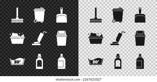 Set Handle broom, Trash can, Dustpan, Temperature wash, Bottle for cleaning agent, Basin with soap suds and Vacuum cleaner icon. Vector