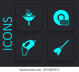 Set Handle broom, Washbasin, Washing dishes and Portable vacuum cleaner icon. Black square button. Vector