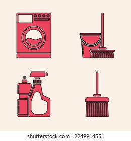 Set Handle broom , Washer , Mop and bucket  and Plastic bottles for liquid dishwashing liquid icon. Vector