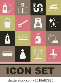 Set Handle broom, Washing dishes, Home cleaning service, Industry metallic pipe, Brush for, Bucket, Dishwashing liquid bottle and Wet floor icon. Vector