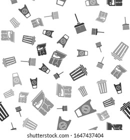 Set Handle broom , Wet floor and cleaning in progress , Trash can  and Electric iron and towel  on seamless pattern. Vector