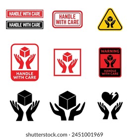 Set of Handle with care label vector icon for packaging.