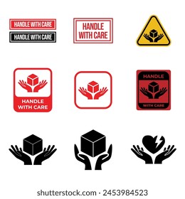 Set of Handle with care label vector icon for packaging.