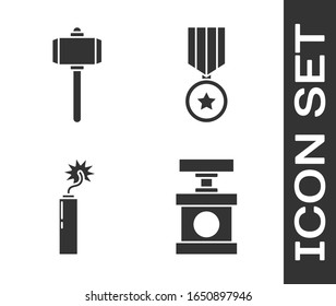 Handle-Detonator für Dynamit, Kampfhammer, Dynamitbombenstab-Takt und Medaillensymbol für Militärische Belohnung. Vektorillustration