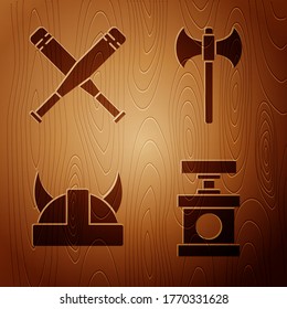 Set Handle detonator for dynamite, Crossed baseball bat, Viking in horned helmet and Medieval axe on wooden background. Vector