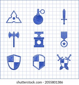 Ponga el detonador de la manija para dinamita, escudo, escudo medieval con espadas cruzadas, medalla de recompensa militar, hacha e icono de ninja shuriken japonés. Vector