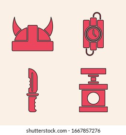 Handle-Detonator für Dynamit, Viking in Hornhelm, Dynamitstick, Timer-Uhr und Militärmesser-Icon. Vektorillustration
