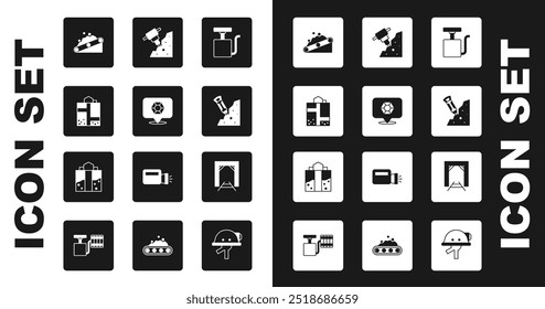 Set Handle detonator, Gem stone, Mine entrance, Conveyor belt carrying coal, Construction jackhammer,  and  icon. Vector