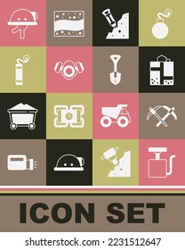 Set Handle detonator, Pickaxe, Mine entrance, Construction jackhammer, Gas mask, Dynamite, Miner helmet and Shovel icon. Vector