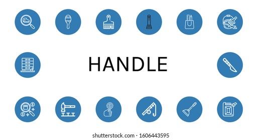 Set of handle icons. Such as Search, Maracas, Brush, Flashlight, Bag, Paint bucket, Hammer, Fishing rod, Plunger, Jerrycan, Drawers, Scalpel , handle icons