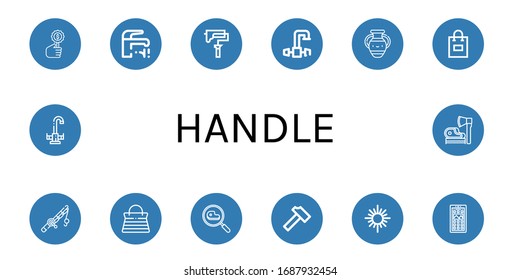 Set of handle icons. Such as Search, Faucet, Paint roller, Vase, Shopping bag, Fishing rod, Handbag, Hammer, Mirror, App drawer, Ax , handle icons