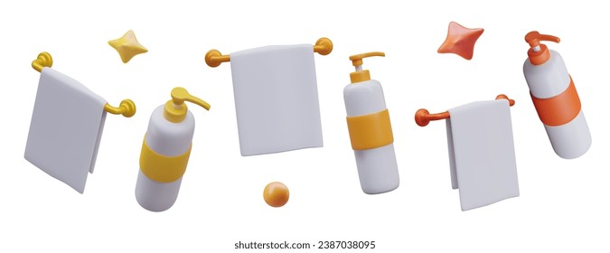 Está equipado con toallas de asa y una gran botella de plástico con crema. champú, gel de ducha, jabón líquido. Concepto de cuidado personal en casa. Variedad de crema. Ilustración vectorial en estilo 3d