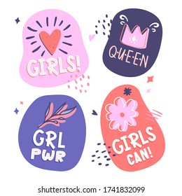 Set of hand-lettering labels feminism girls power. Vector design elements in simple style.