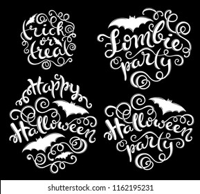 Set of handlettering phrases for Happy Halloween party, zombie party,trick or treat. Vector illustration