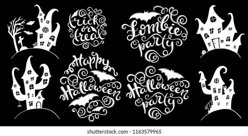 Set of handlettering phrases for Happy Halloween party, zombie party,trick or treat. Collection of mystical castles. Vector illustration