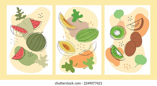 Set of handmade abstract drawing prints of watermelons, melons and kiwis. Design for posters, cards, wrappers and greeting cards. Drawings of fruits