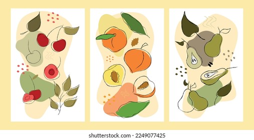 Set of handmade abstract drawings of cherries, peaches and pears. Design for posters, cards, wrappers and greeting cards. Drawings of fruits