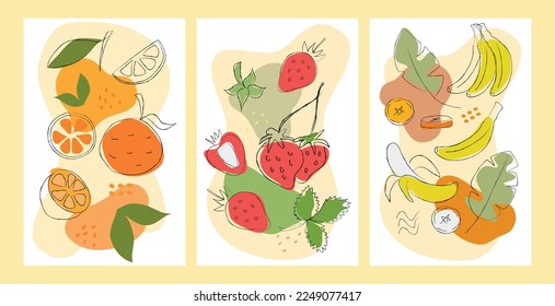 Set of handmade abstract drawings of oranges, strawberries and bananas. Design for posters, cards, wrappers and greeting cards. Drawings of fruits
