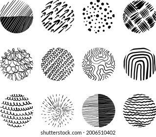 Conjunto de fondos hechos a mano. Estilo de garabato dibujado formas. Puntos, curvas, líneas, geográfico. Plantilla moderna para uso en afiches, medios sociales. Ilustración vectorial