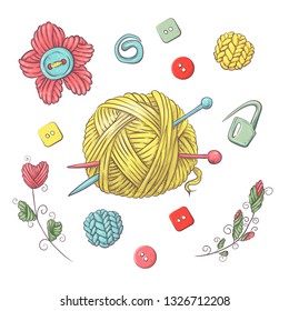 Set For Handmade Ball Of Yarn And Accessories For Crocheting And Knitting.