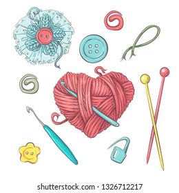 Set for handmade ball of yarn and accessories for crocheting and knitting.