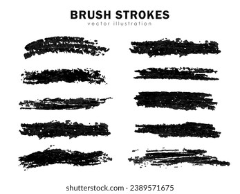 Juego de pinceladas negras hechas a mano. Líneas pintadas con grises, pintura texturada detallada, frotis de lápiz de carbón vegetal, resaltador, pinceles de marcador o tinta, elementos de diseño artístico