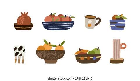 Set of handmade bowls with fruits, plates, pots, cups and mugs. Cute pottery of different sizes and shapes for cozy interior decoration. Flat vector illustration of home decor isolated on white