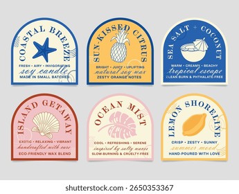 A set of handmade candle labels that contain summer scents. Each label contains an attractive essence, perfect for warm, relaxing days.