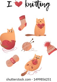 Set for handmade cat with balls of yarn, elements and accessories for crochet and knitting. Stickers knitting. I love knitting