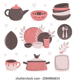 A set of handmade ceramic dishes. Craft utensils for breakfast, lunch and dinner, plate, teapot, bowl, cup, saucepan. Handmade texture. Vector illustration