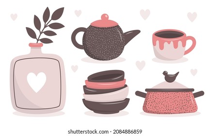 A set of handmade ceramic dishes. Craft utensils for breakfast, lunch and dinner, plate, teapot, bowl, cup, saucepan. Handmade texture. Vector illustration