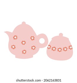 Set of handmade ceramic kitchenware. Ceramic teapot and sugar bowl in pink color with flower elements. Vector illustration in flat cartoon style.