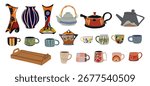 Set of handmade ceramic mugs, vases, teapots, and a wooden tray, hand painted style. Flat vector illustration isolated on white background, perfect for craft, kitchen, and home decor designs