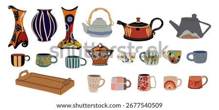 Set of handmade ceramic mugs, vases, teapots, and a wooden tray, hand painted style. Flat vector illustration isolated on white background, perfect for craft, kitchen, and home decor designs