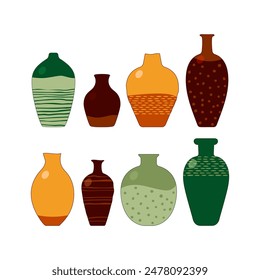 Set of handmade ceramic vases. Vector illustration in flat style for your design.