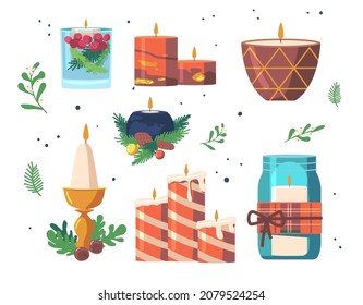 Set of Handmade Christmas Candles, Festive Decor for Home Interior Isolated Design Elements on White Background. Xmas Decoration for Postcards, Winter Holidays Celebration. Cartoon Vector Illustration