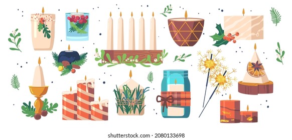 Set of Handmade Christmas Candles, Isolated Design Elements on White Background. Xmas Decor for Winter Holidays Celebration, Sparkler, Glass Jar, Candles with Foliage. Cartoon Vector Illustration