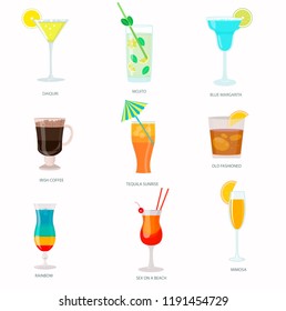 Set of handmade cocktails with inscriptions. Summer holiday and beach party concept.