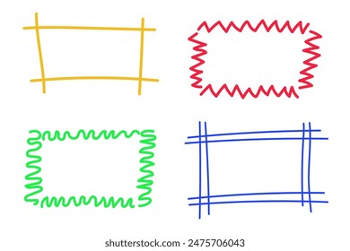 Set of handmade colored frames. rectangle, brush, line stroke, doodle element. Hand drawn simple rectangular rectangular frames for text border. Vector illustration