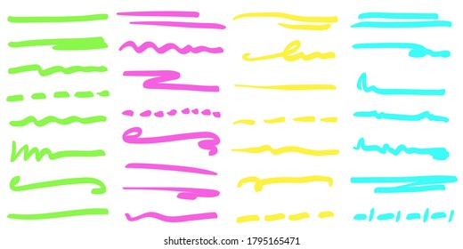 Set of handmade colored lines, brush lines, underlines. Hand-drawn collection of doodle style various shapes. Art Lines. Isolated on white. Vector illustration