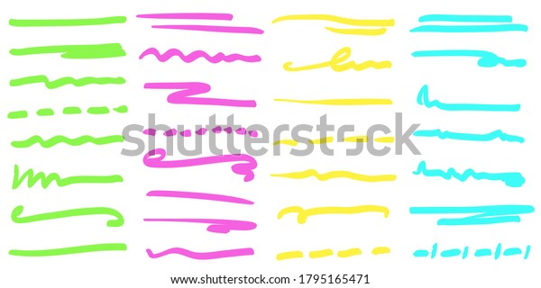 Set of handmade colored lines,\
brush lines, underlines. Hand-drawn collection of doodle style\
various shapes. Art Lines. Isolated on white. Vector\
illustration