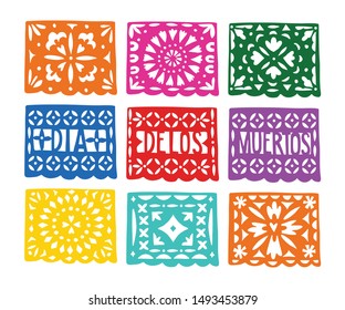 Set of handmade colorful paper cut party bunting flags for Dia de los Muertos, Mexican Day of the Dead holiday. Halloween concept. Isolated vector illustrations, craft objects.