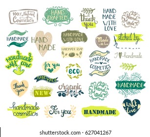 Set of handmade, craft and art labels, tags with lettering. Vector.