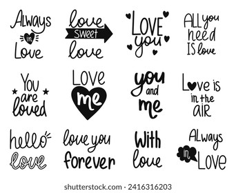 Set of handmade design elements for Valentine's Day. Love hand drawn illustration with hand lettering. Can be used as a Valentine's Day card or wedding card, print on T-shirt and bag.