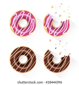 Set of handmade donuts. Whole and bitten version. Flat design vector illustration isolated on white background.