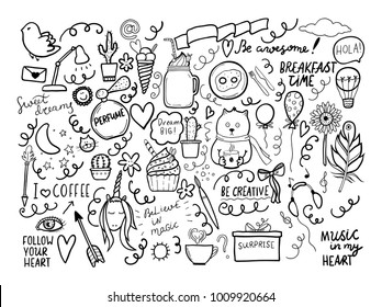 Set of handmade doodles with motivaton lettering. Vector outline illustartion, ideal fordesign of bullet journal, blog, web site etc. 