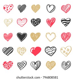 Set of Handmade Drawing of Various Hearts in Doodle Marker Style Vintage