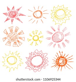 A set of handmade drawings. Elements for the design of postcards, backgrounds, packaging. Printing for clothing. Doodle drawing. Sun