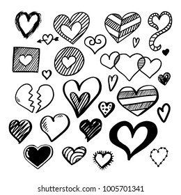 Set of Handmade Drawn Hearts in Doodle Style Marker and Brush